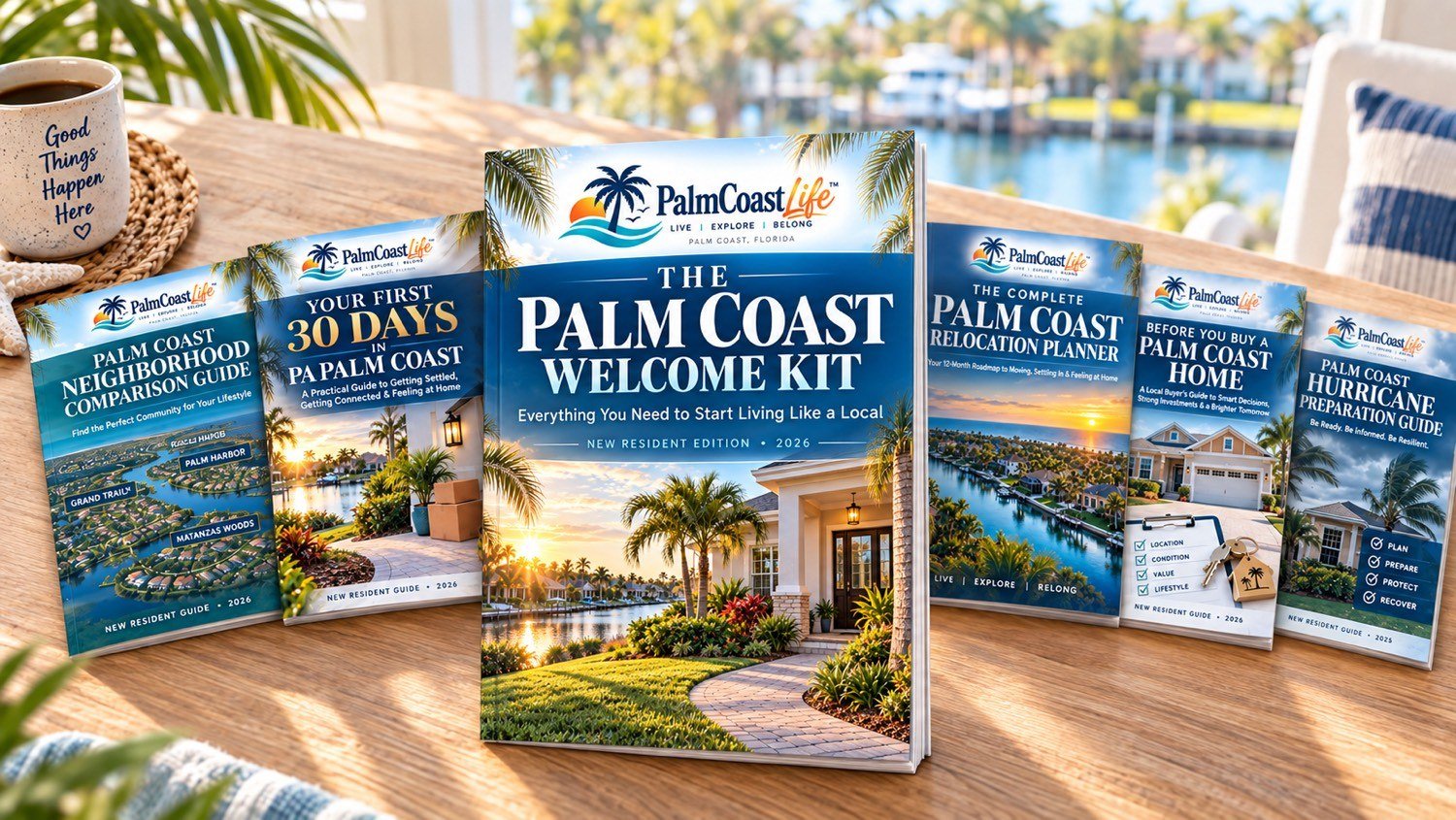 The Palm Coast Welcome Kit standing among PalmCoast.Life guides on a canal-view table